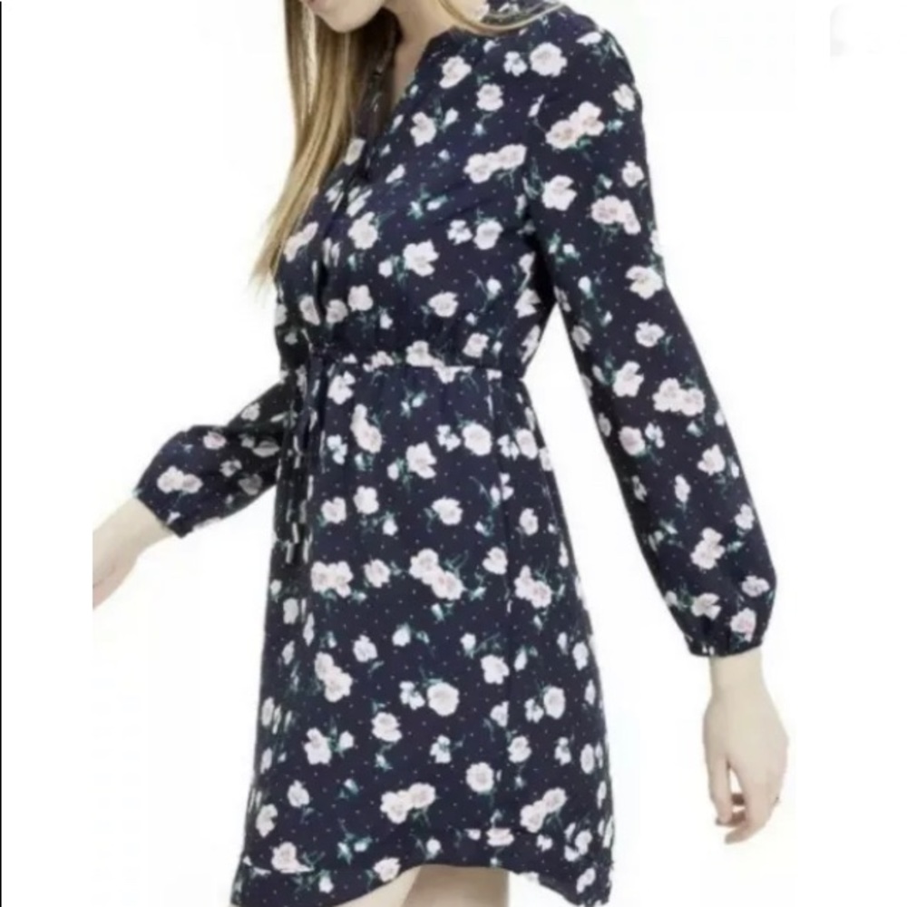 Maison Jules Navy Floral Long Sleeve Blouson Shirt Dress Size L Large Tie Waist